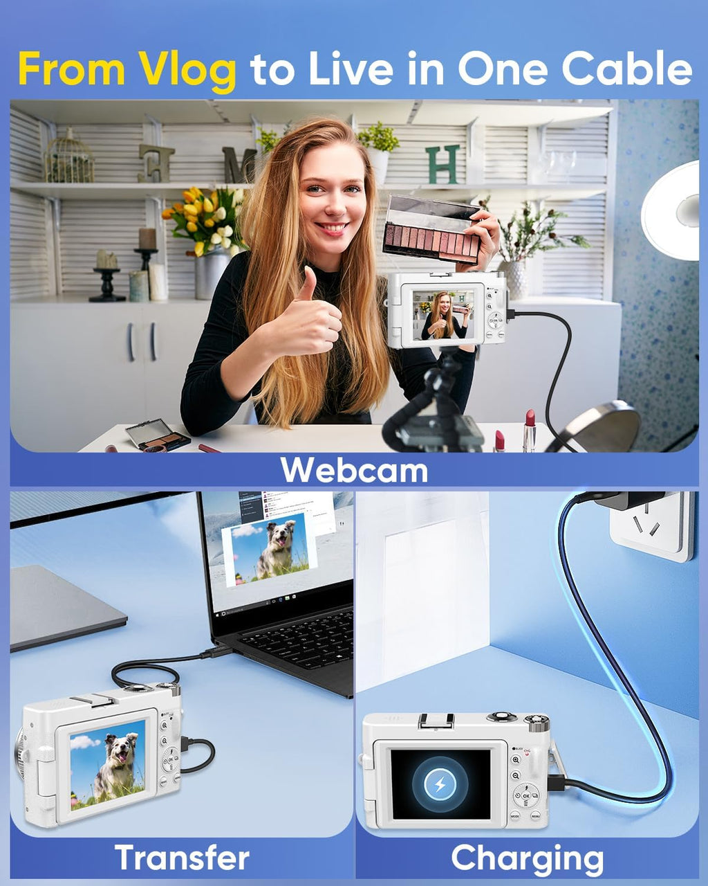 2026 Upgraded 64MP Digital Camera 4K WiFi 180Â° Flip Screen Autofocus, White