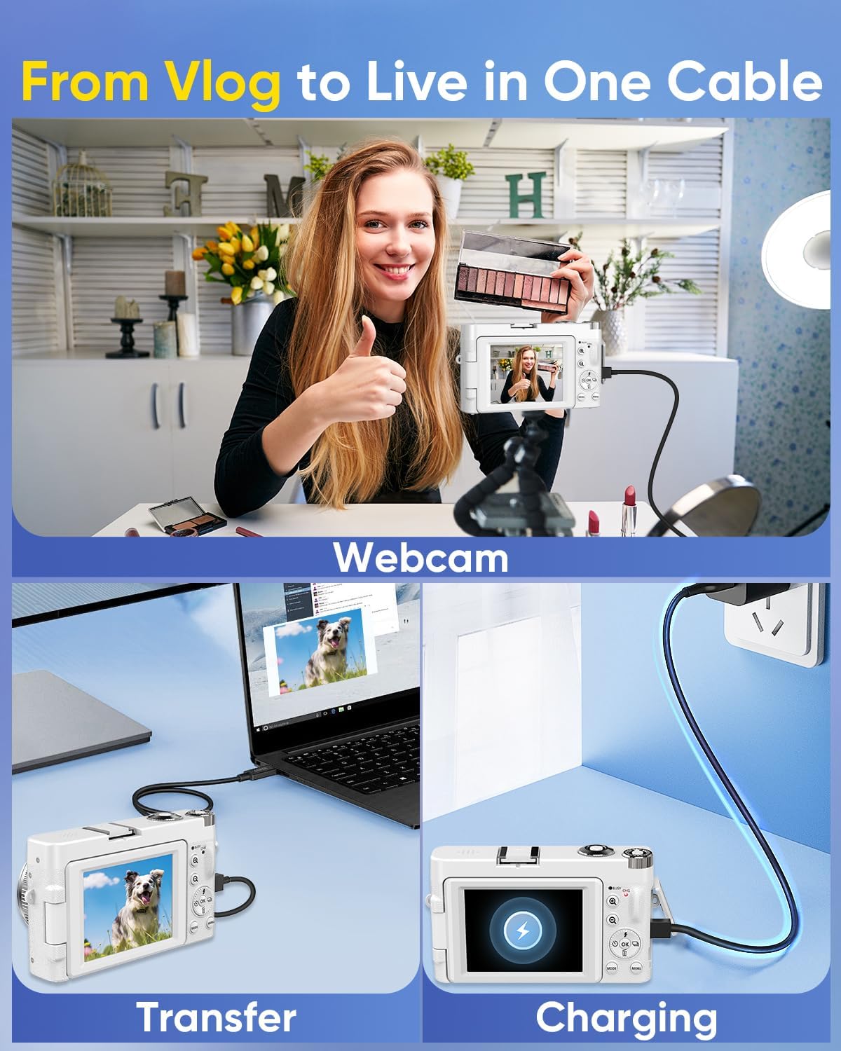 2026 Upgraded 64MP Digital Camera 4K WiFi 180Â° Flip Screen Autofocus, White