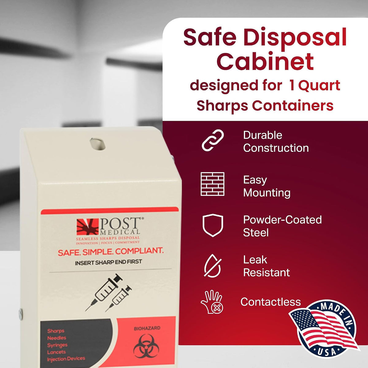 Wall Mounted Sharps Cabinet for 1.0 Quart with Lock & Key