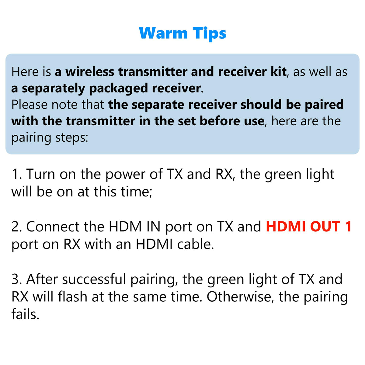 Wireless HDMI Transmitter and Receiver,1150ft Los Range,4K UHD Wireless Video Transmission System with 0.1S Latency, for Streaming from DSLR/PC/Laptop to TV/Monitor (WL095P TX+RX)
