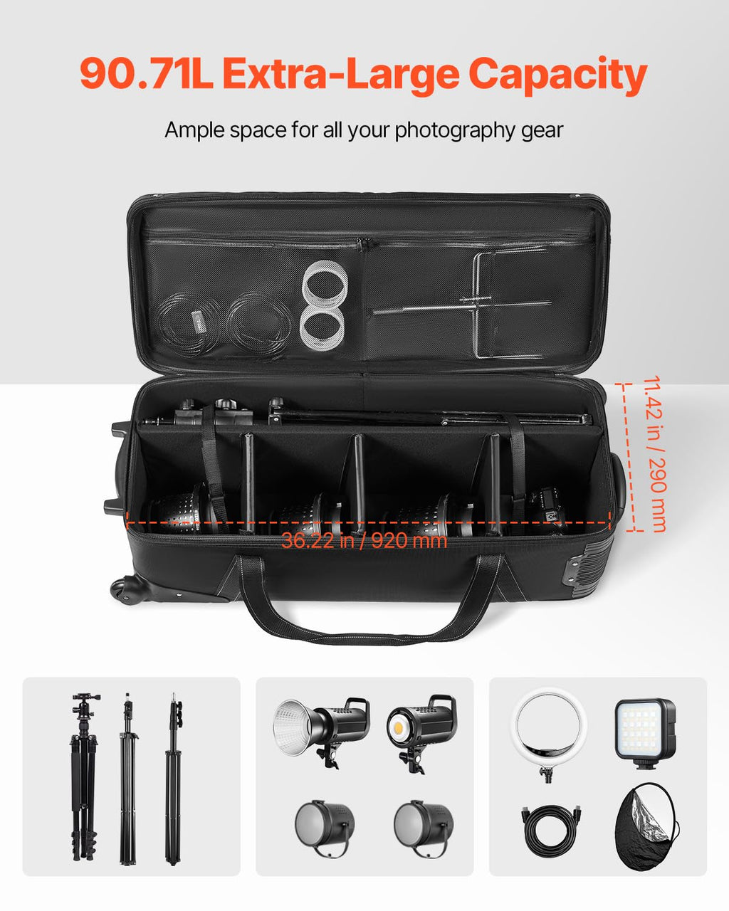 VEVOR Studio Equipment Trolley Case, 35.83 x 11.81 x 14 in / 91 x 30 x 35.5 cm, Rolling Camera Bag, Carrying Bag with Wheels Straps Padded Compartment Handle, for Light Stands, Tripods, Telescopes