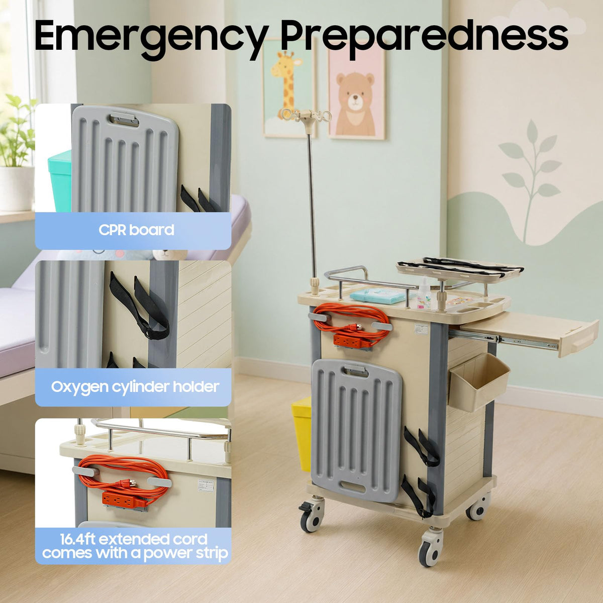 Medical Rolling Crash Cart with Accessories-CPR Board, 2 Trash Bin, Power Strip, Drawers with Dividers, Mobile Medical Cart for Clinic, Hospital, Nursing Center, Salon, 29.53 * 18.7 * 37.4in (Red)