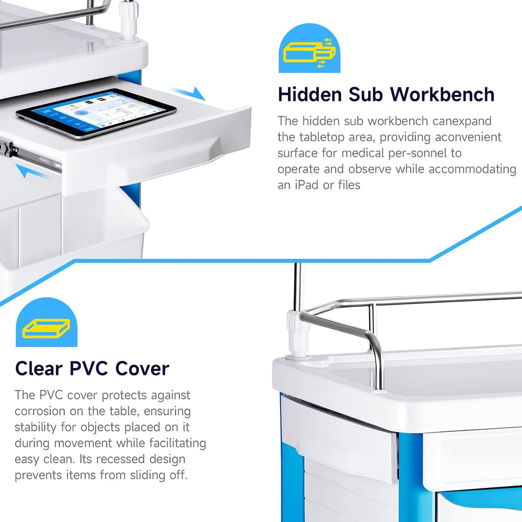 Medical Carts with Wheels, 5-Tier Drawers, Adjustable IV Pole, Silent Casters, Trash Bins, O2 Holder, Needle Disposal Holder & CPR Board, Rolling Crash Carts for Hospital Clinic