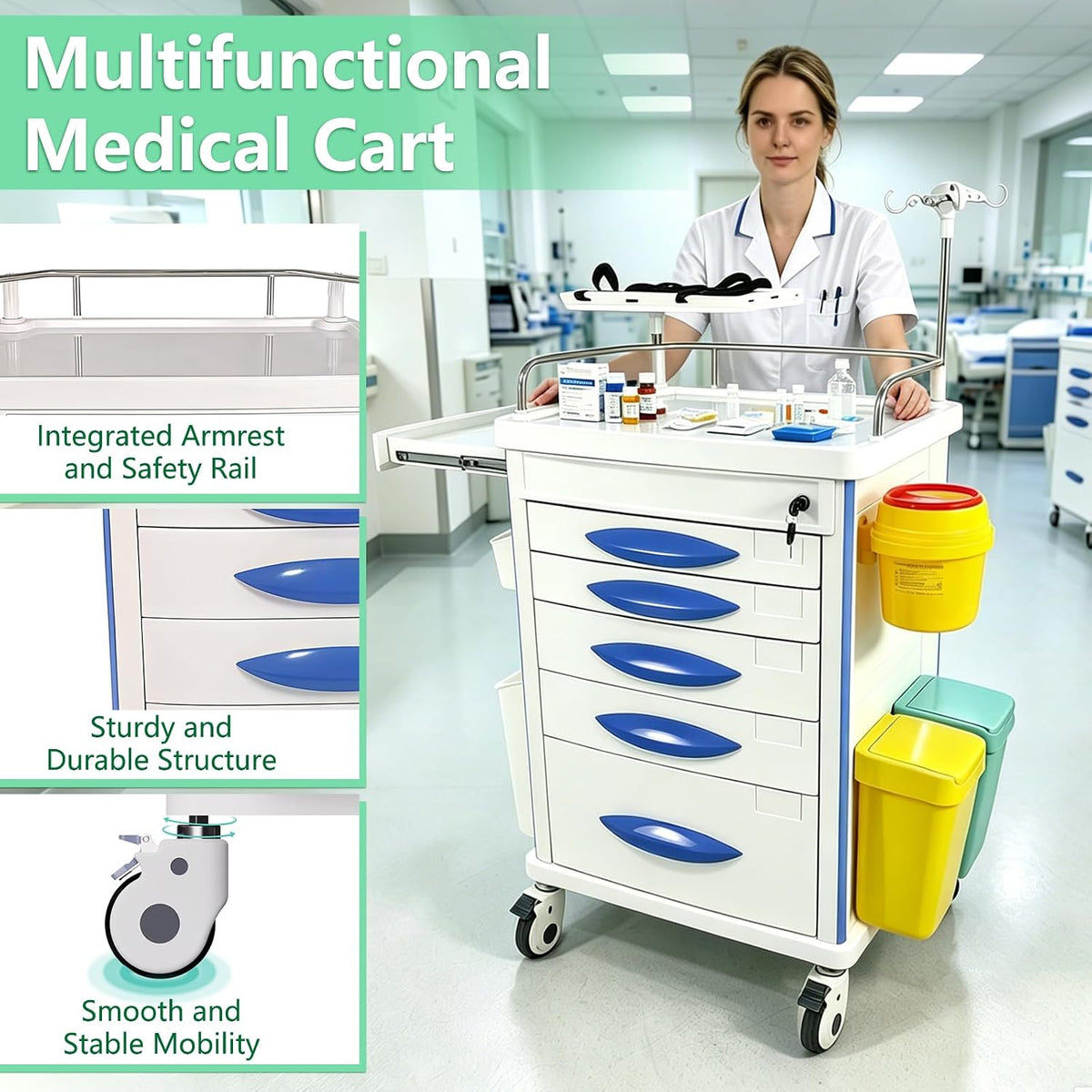 Medication Cart with Lock, 5 Drawer Medical Crash Cart on Wheels w/ IV Pole