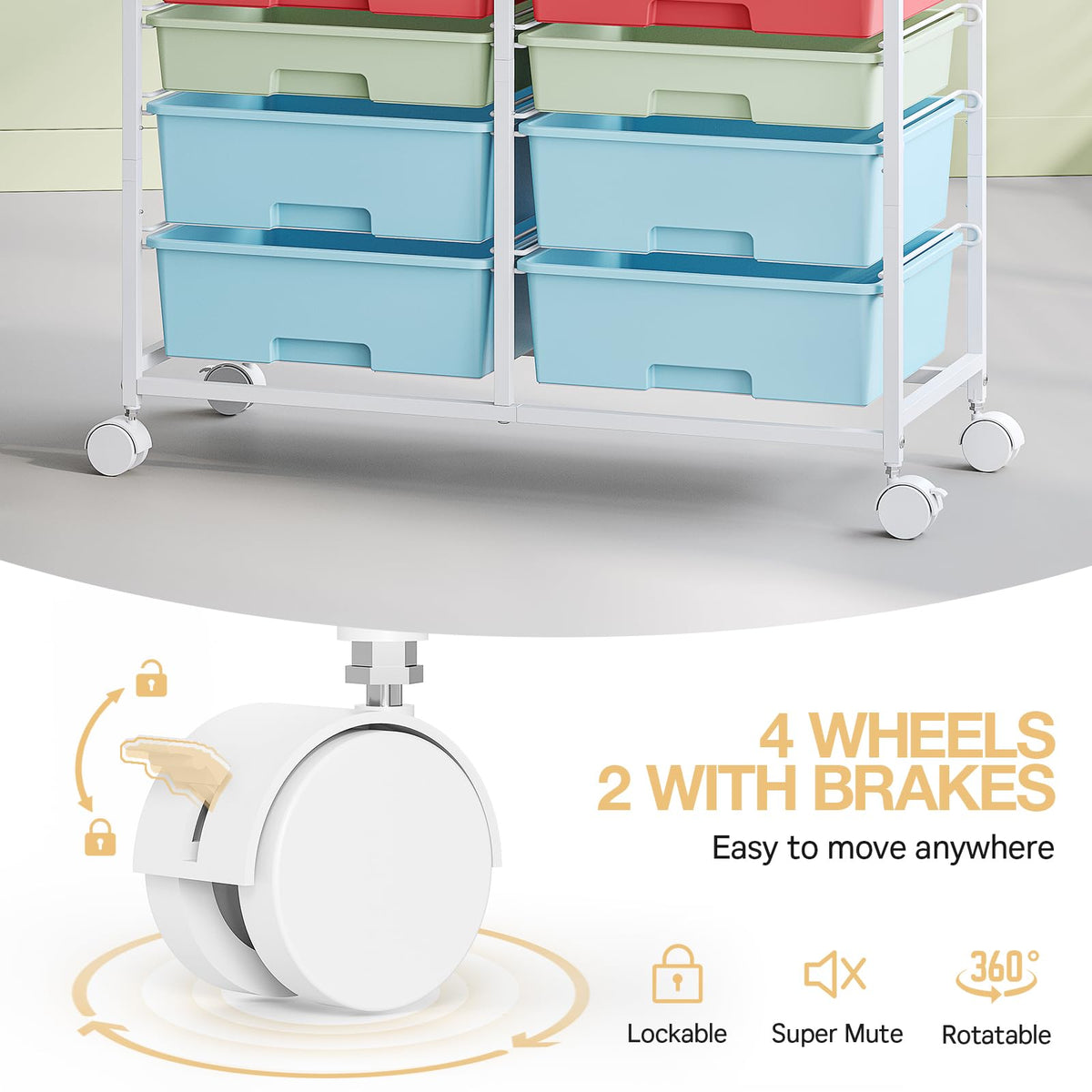 TOOLF 12 Drawers Rolling Storage Cart with Wooden Top for Classroom,White