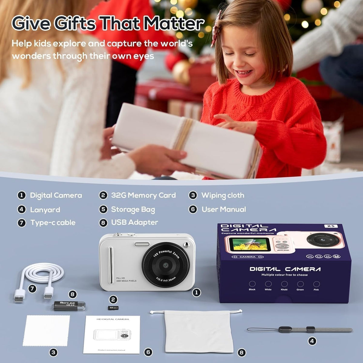 Digital Camera for Kids, 48MP FHD 1080P Point and Shoot Digital Cameras with 16X Zoom Anti-Shake