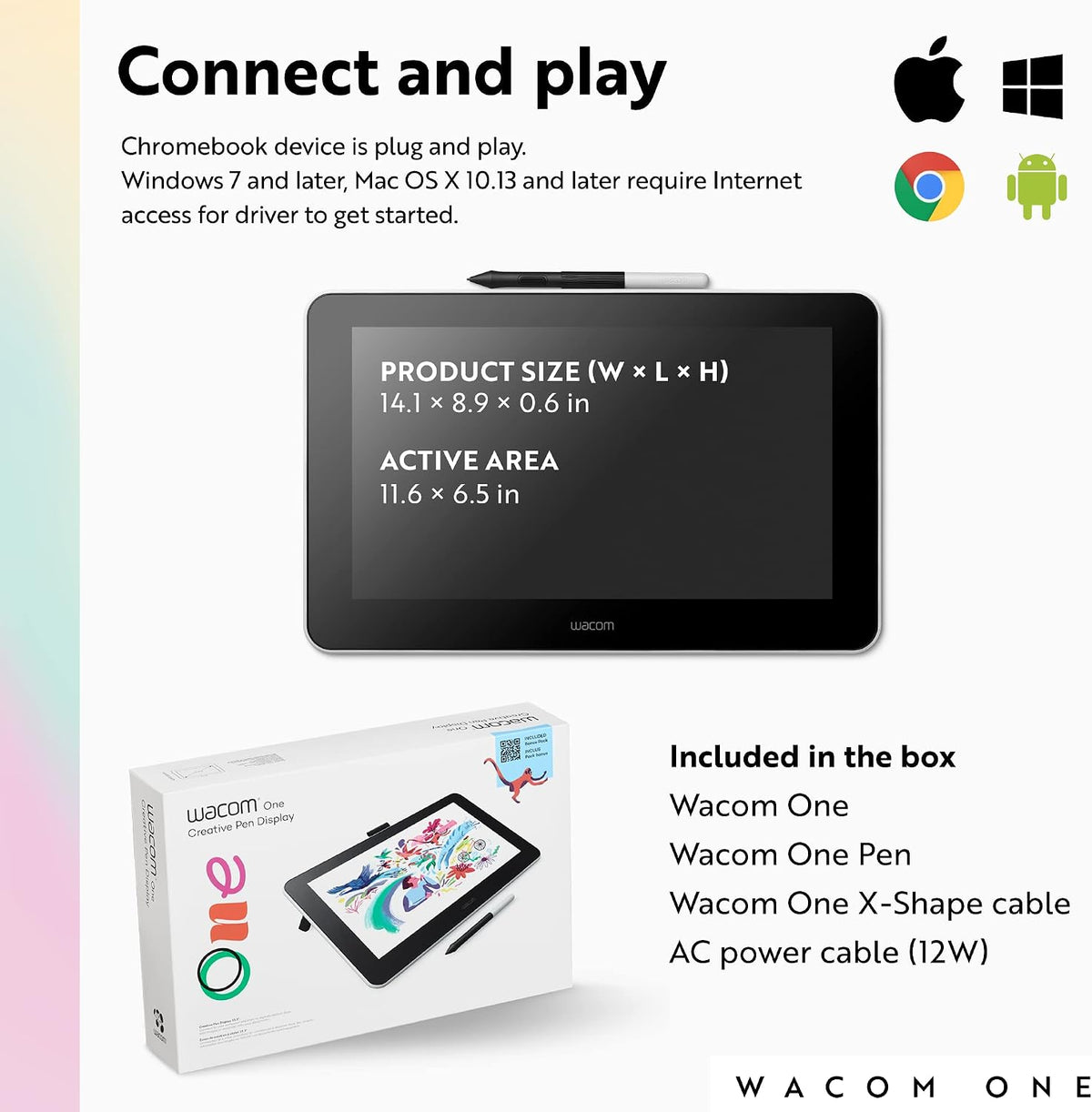 Wacom One HD Creative Pen Display, Drawing Tablet with Screen, 13.3" Graphics Monitor; Works with Mac, PC & Chromebook, Photo/Video Editing, Drawing & Education Old Gen (2019)