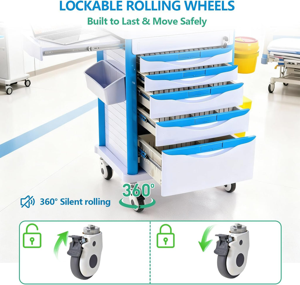 Medical Rolling Storage Crash Cart with Wheels & Drawers, Mobile Medical Cart with 5-Drawer, Medical Rolling Cart for Supplies, Nursing Emergency Cart for Hospital & Clinic, Adjustable IV Pole
