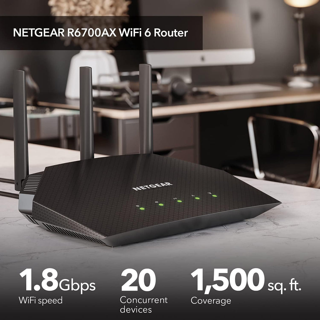 NETGEAR 4-Stream WiFi 6 Router (R6700AX) â Security Features, AX1800 Wireless Speed (Up to 1.8 Gbps), Covers up to 1,500 sq. ft., 20 Devices