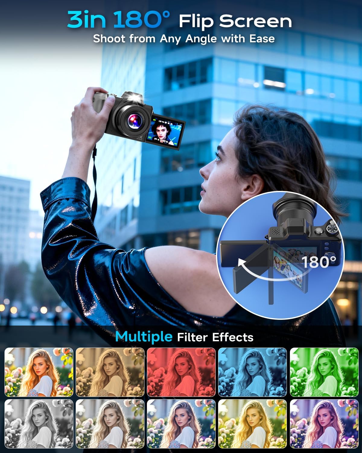 4K Digital Camera for Photography Travel, 56MP Autofocus Vlogging Camera for YouTube, 16X Zoom with 3" 180Â°Flip Screen & Lens Hood, 32GB Card, Gift Ideas for Teens & Beginners