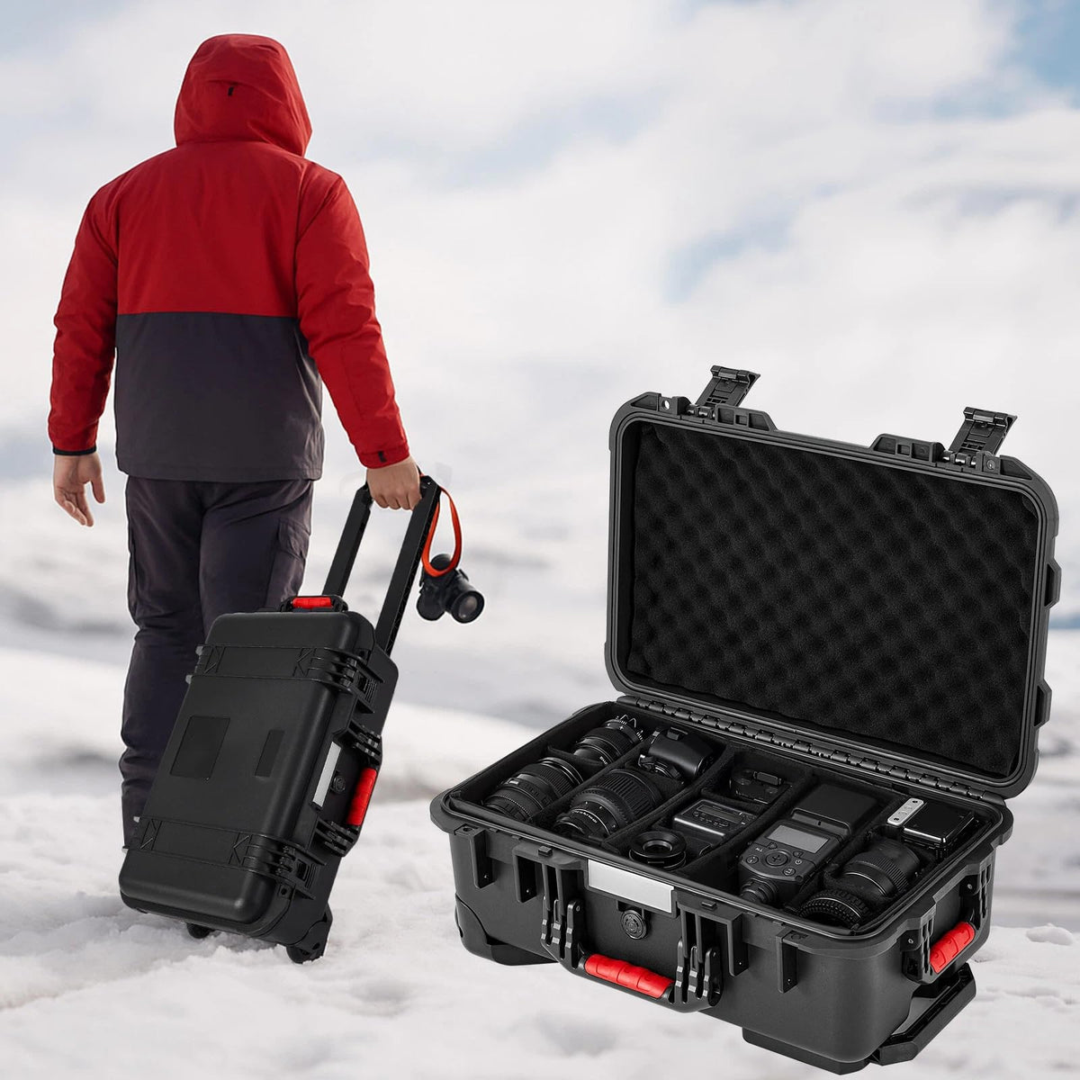Relaxweex Rolling Camera Hard Case with 15 Padded Dividers & Wheels