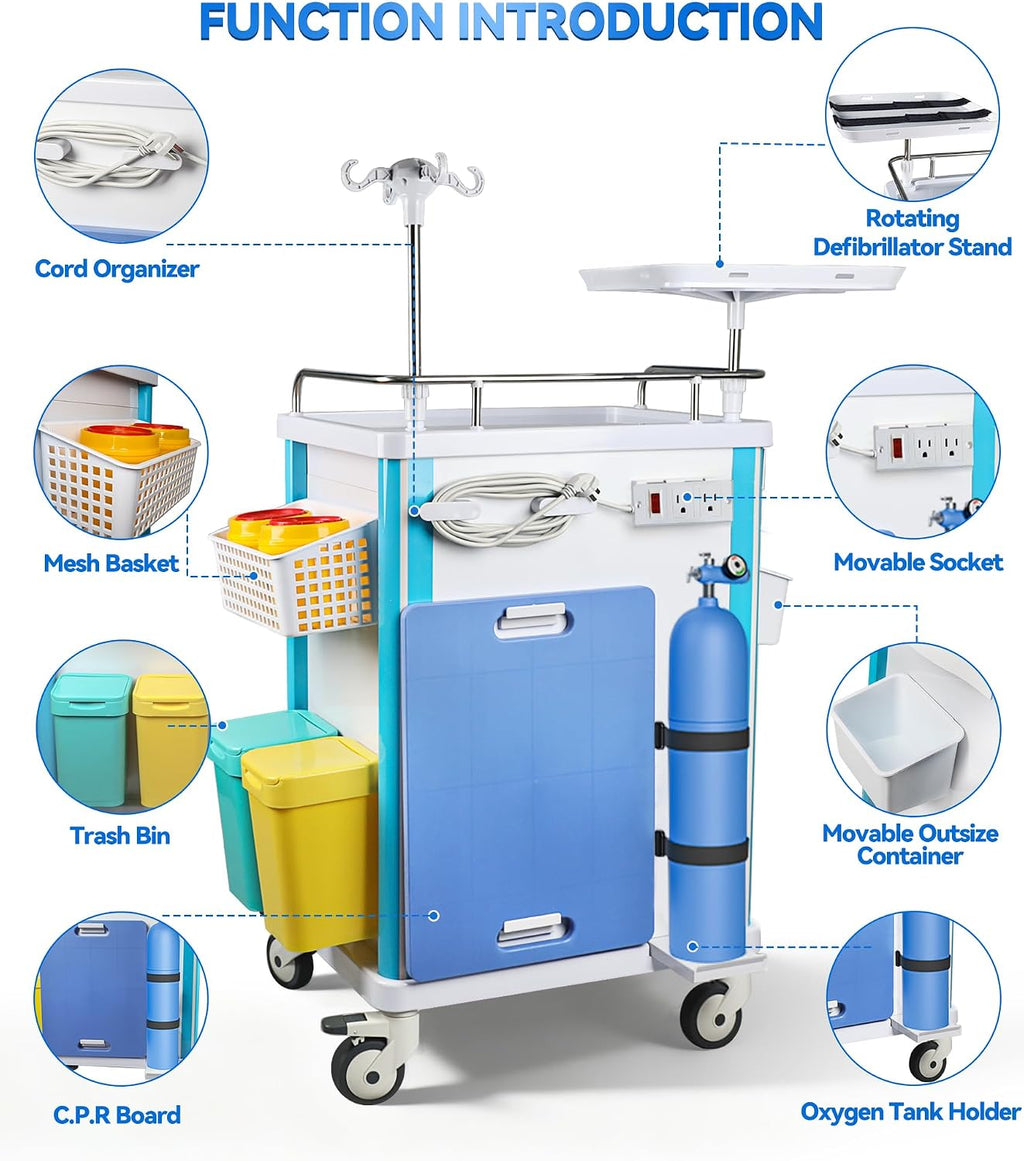 Medical Rolling Crash Cart with 5 Drawers, Emergency Cart with Power Strip, Central Lock, IV Pole, O2 Holder, Defibrillator Shelf, CPR Board for Hospital Clinic