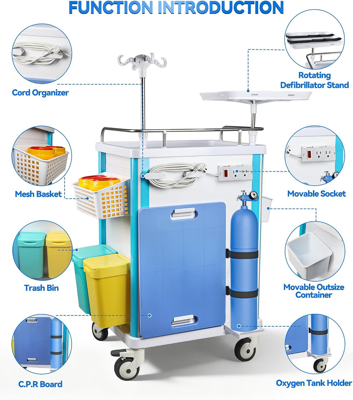Medical Rolling Crash Cart with 5 Drawers, Emergency Cart with Power Strip, Central Lock, IV Pole, O2 Holder, Defibrillator Shelf, CPR Board for Hospital Clinic