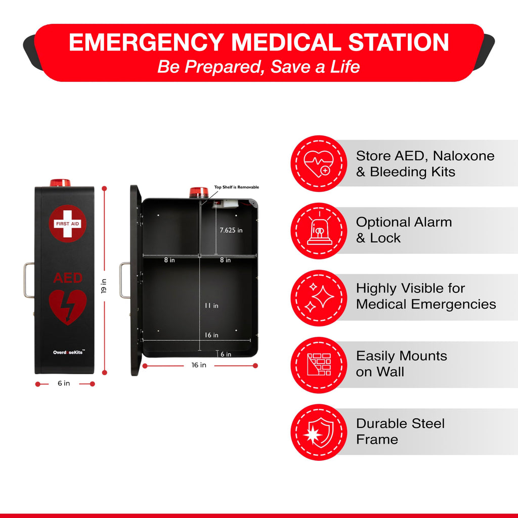 Emergency Medical Station â Wall Mount Cabinet for AEDs, Naloxone, Bleeding Control & First Aid Kits â Public Space Storage Solution â White (AED & Accessories Not Included)