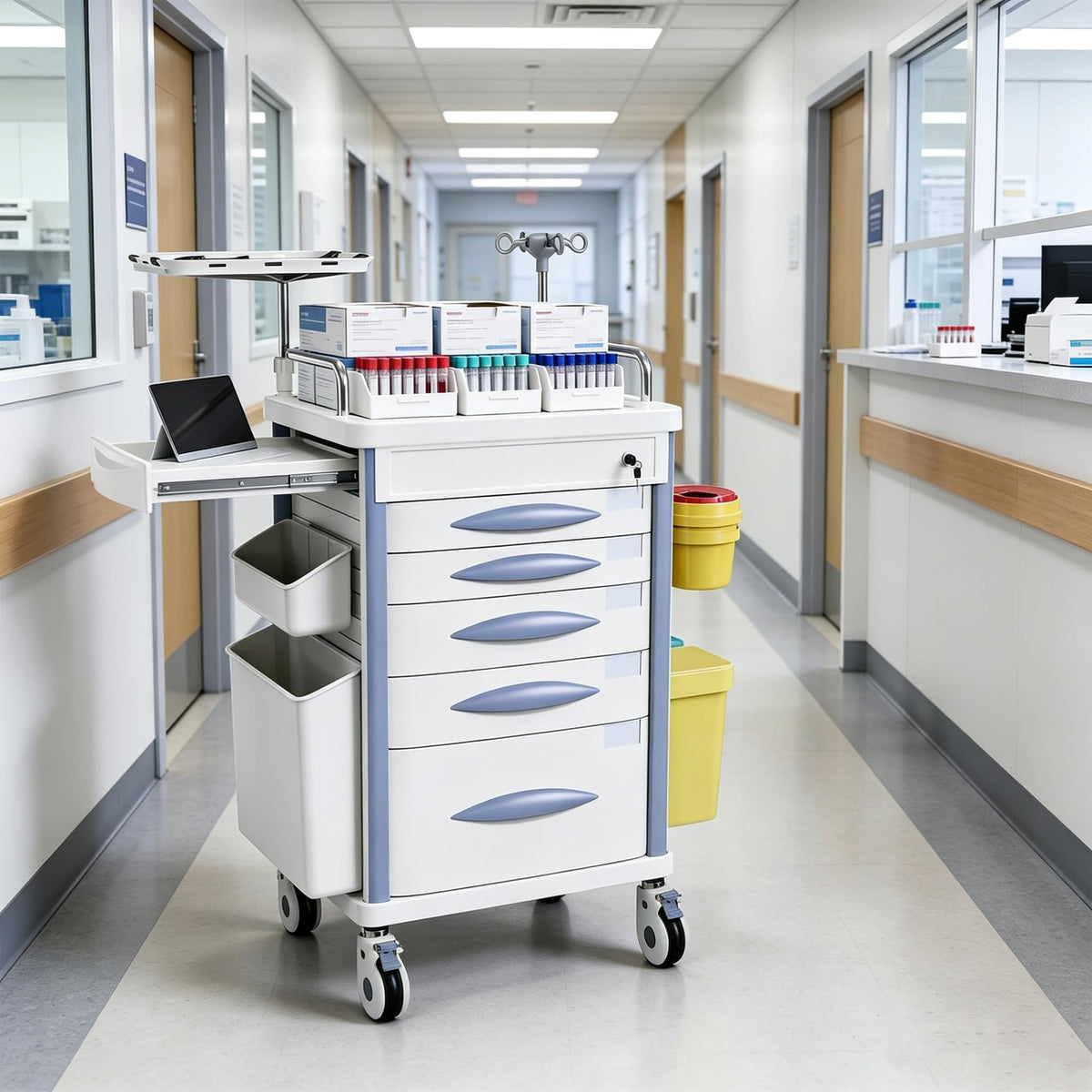 Medical Rolling Crash Cart with Integrated Medical Countertop