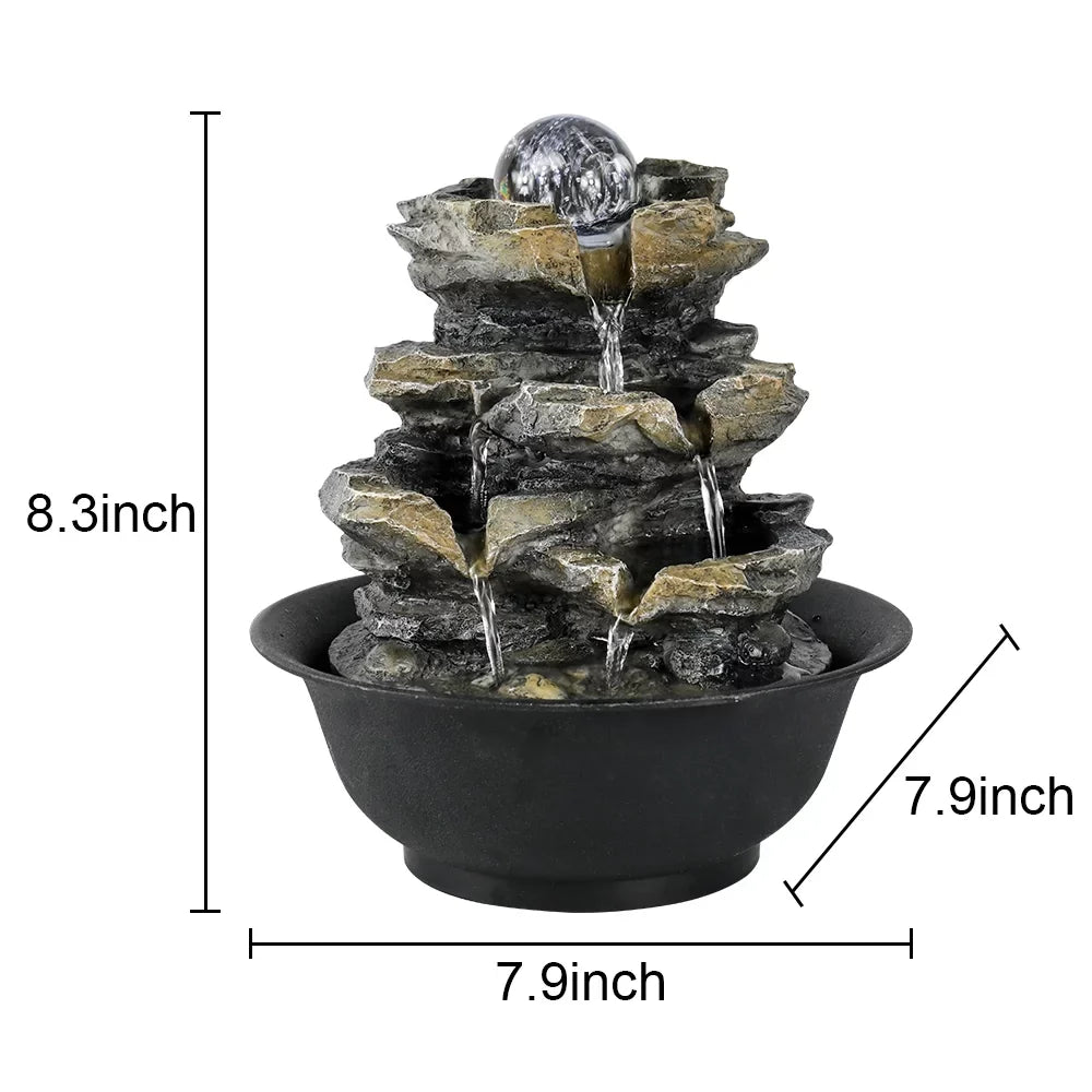 8.3-Inch High 4-Tier Cascading Rock Falls Tabletop Water Fountain With Led Lights For Home And Office Decor