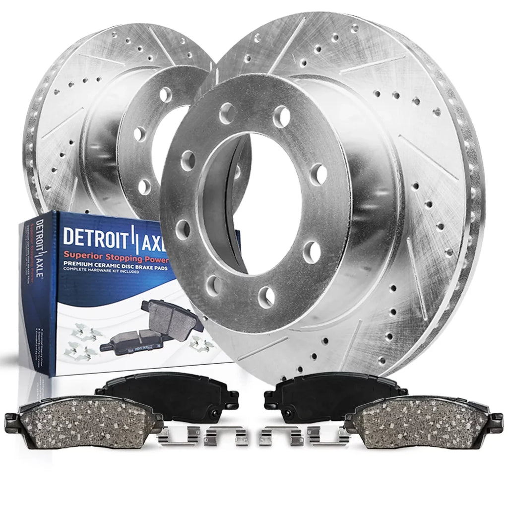Detroit Axle - Front Brake Kit For 4Wd 1999-2004 Ford F-250 F-350 Super Duty Excursion Replacement 1999 2000 2001 2002 2003 2004 Drilled & Slotted Brake Rotors Ceramic Brakes Pads : 13.03" Inch Rotors