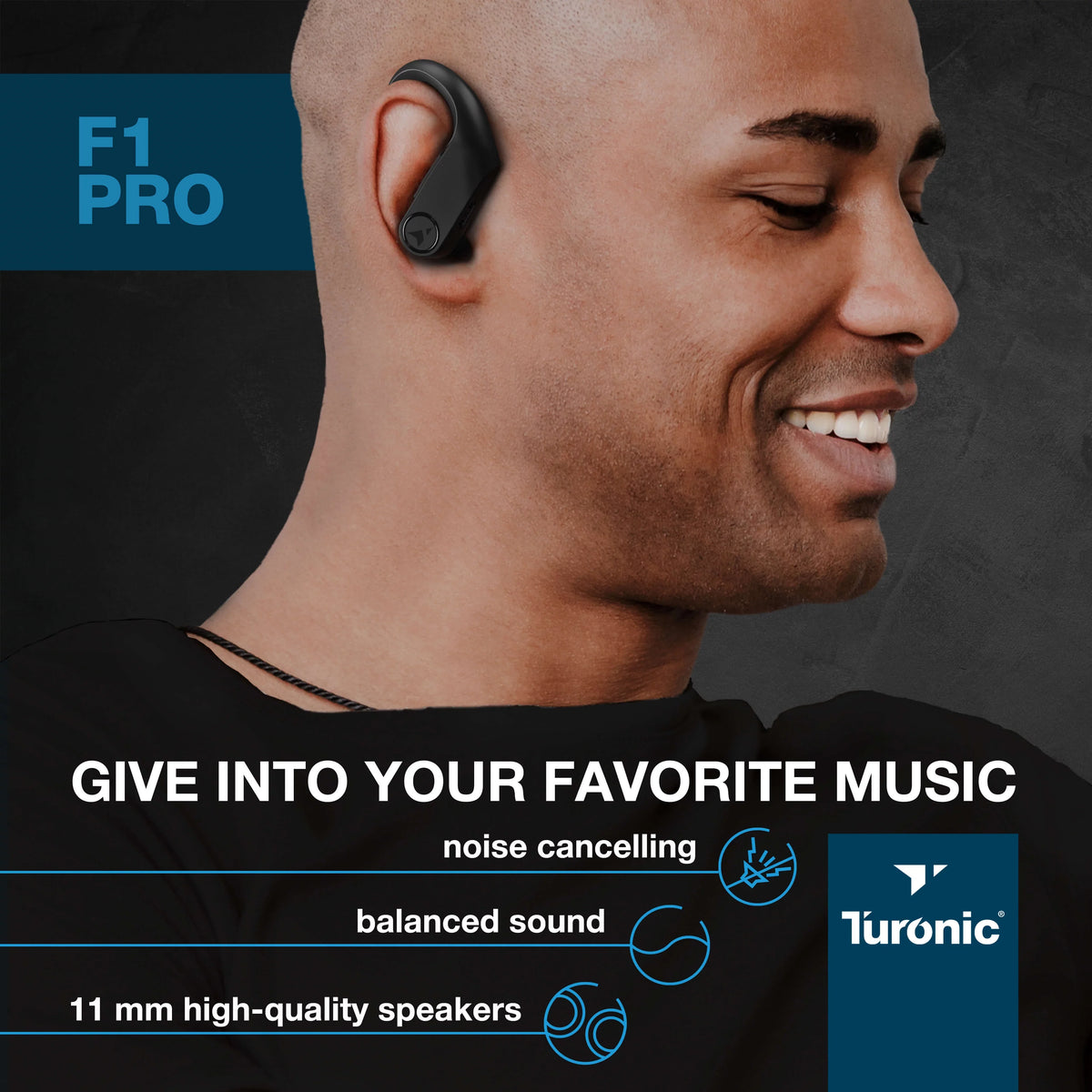 F1 IPX7 Headphones 45H Turonic True Earphones Pro Playtime, Wireless with Sport for - Charging Wireless - - Earbuds Black Gym, - w/Microphone Running, case, Earhook Waterproof Workout Mic, Bluetooth