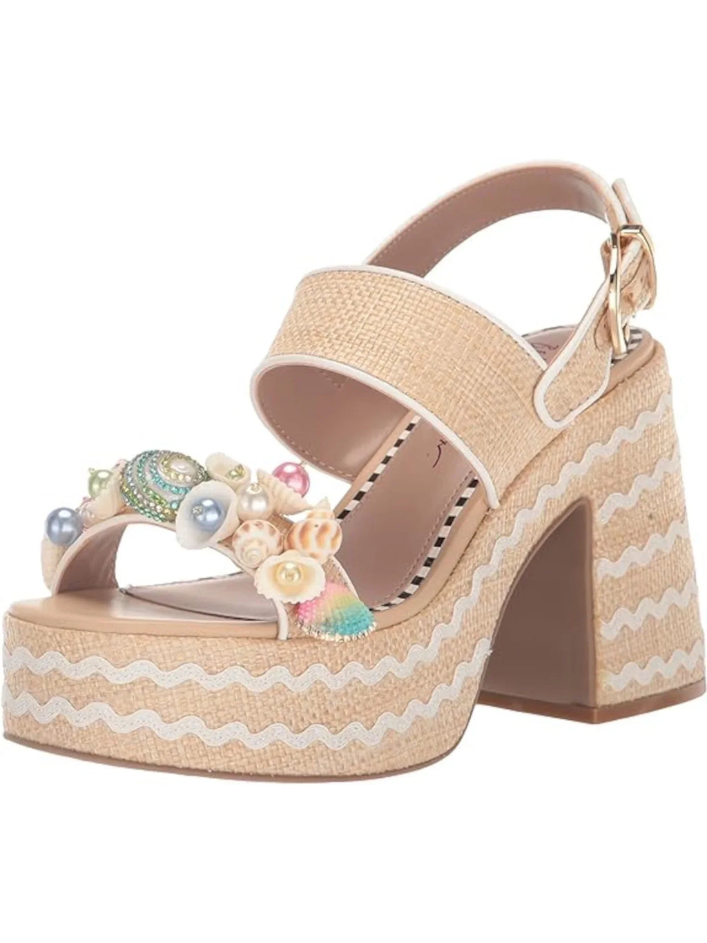 10 Beige Platform Sandal Mixed Woven Heel Toe Shellie Embellished 2" M JOHNSON Buckle Slingback BETSEY Media Round Block Womens