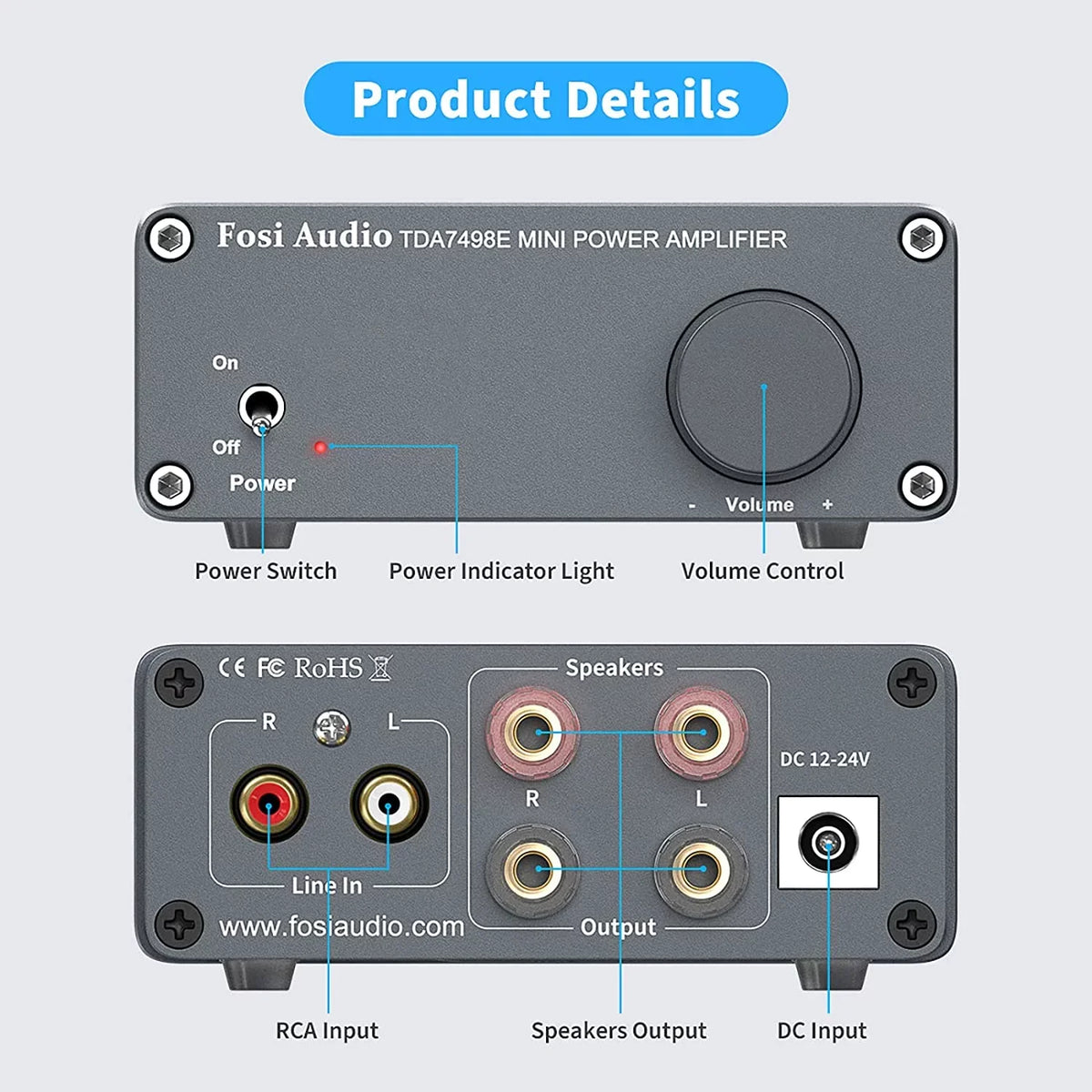 Fosi Audio Tda7498E 2 Channel 160W X2 Stereo Audio Amplifier Mini Hi-Fi Class D Integrated Amp For Passive Speakers With 24V Power Supply