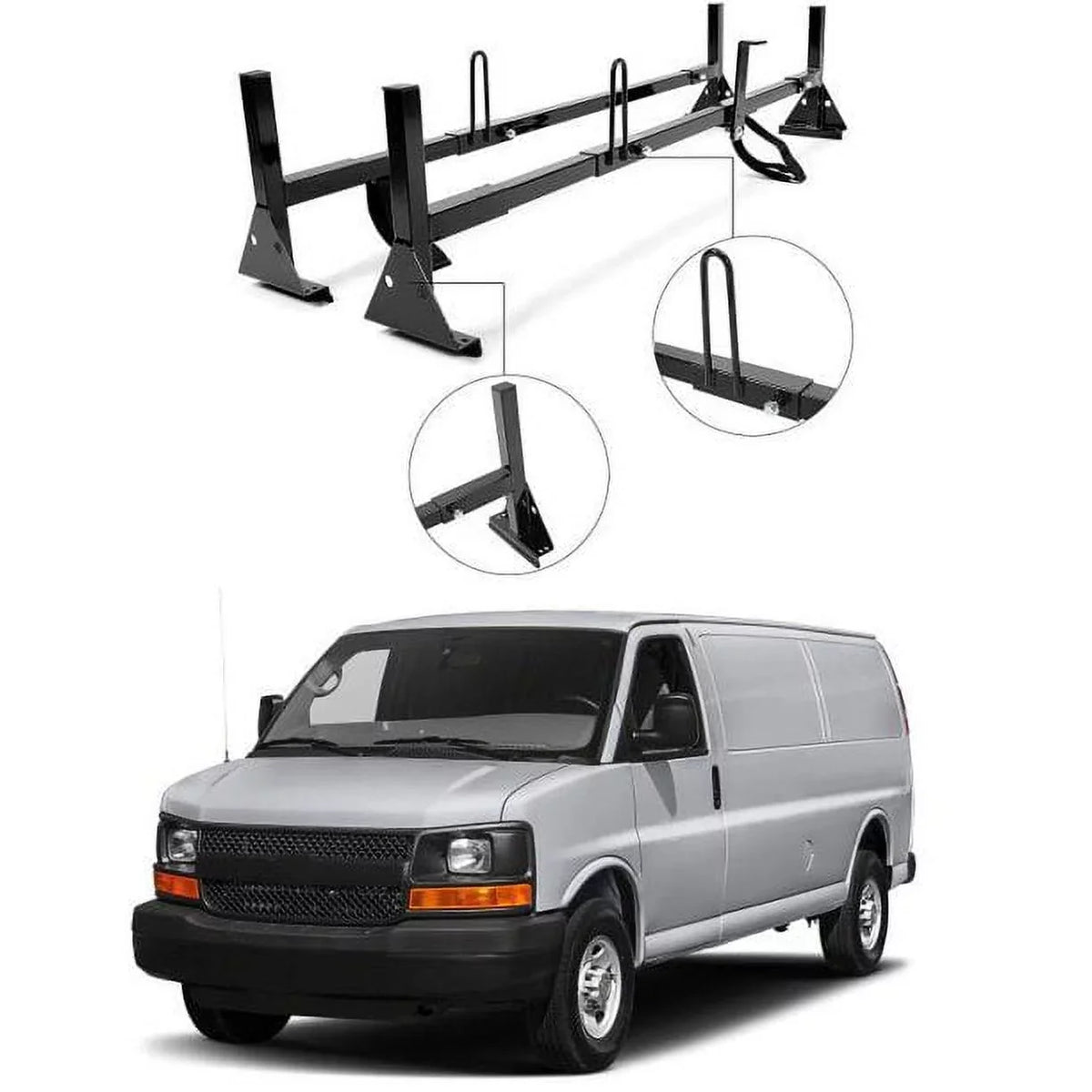 Vans Kojem for Express Universal Steel Adjustable 68"-75" Mount GMC Rack Rack Savana Bars E-Series Roof Chevy Ladders Full-dimension 2 Carry