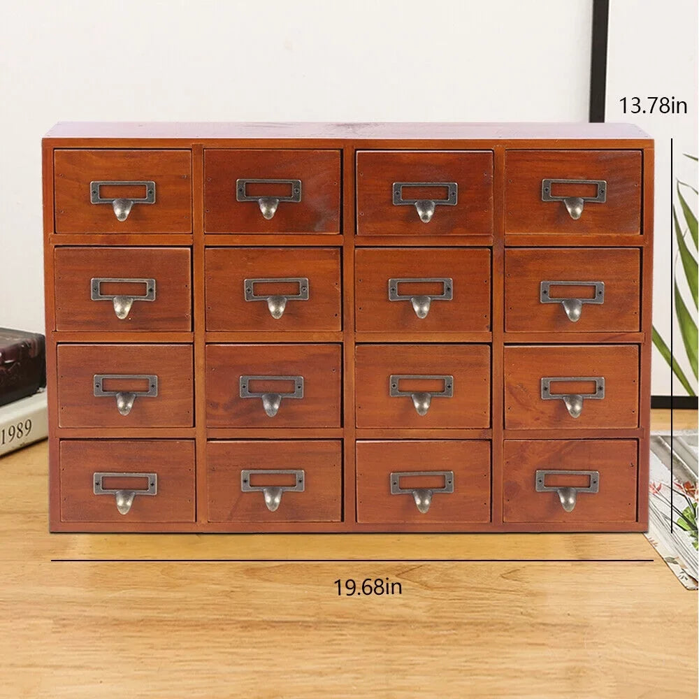 Cabinet Organizer 16 Storage Wood Desk Retro Drawer Box Apothecary Drawers