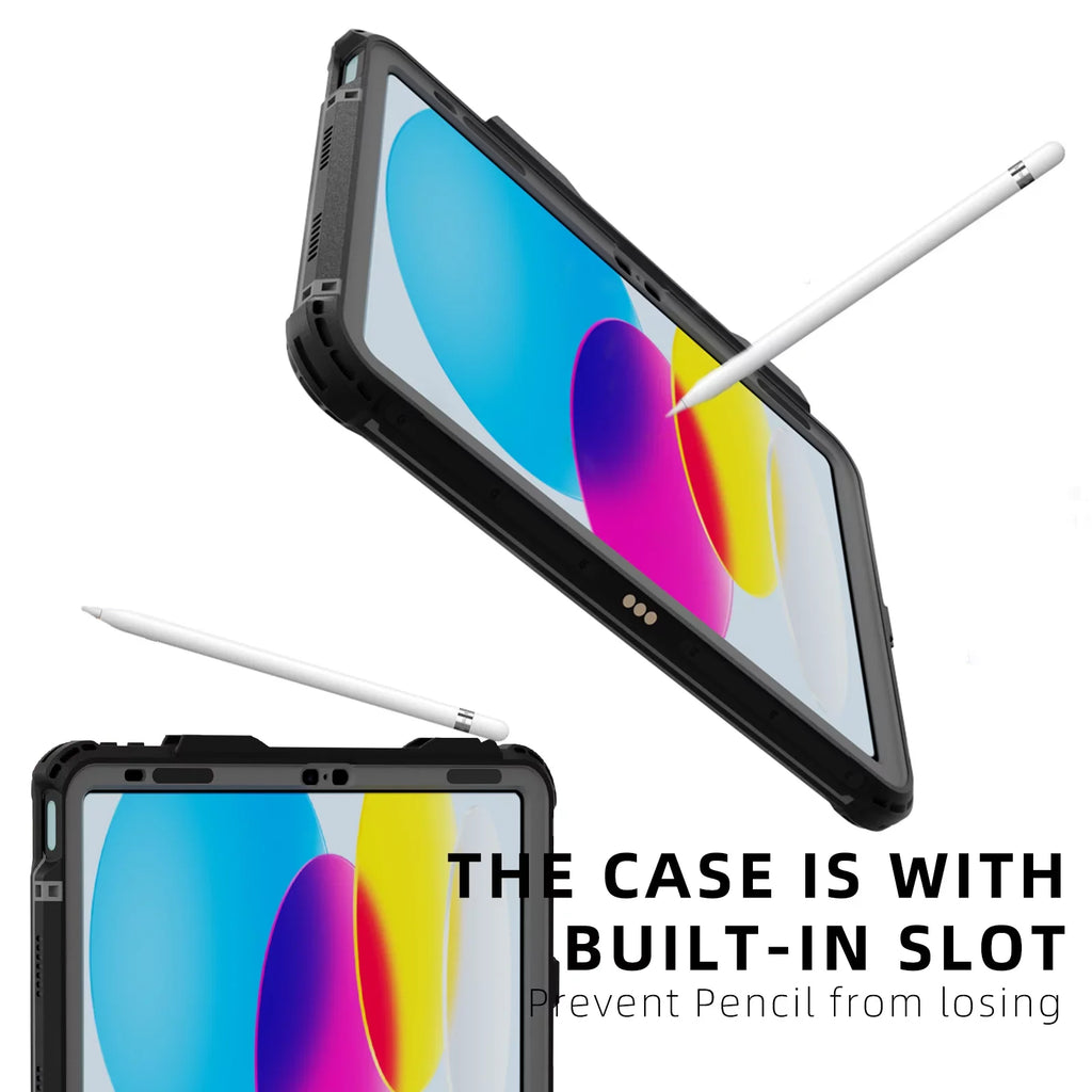 K-Lion Rugged Waterproof Case For Ipad 10Th Genetation 10.9" (2022) Ip68 Underwater With Screen Protector Swivel Bracket Kickstand Pencil Holder Carrying Strap Shockproof Dustproof Protective Case