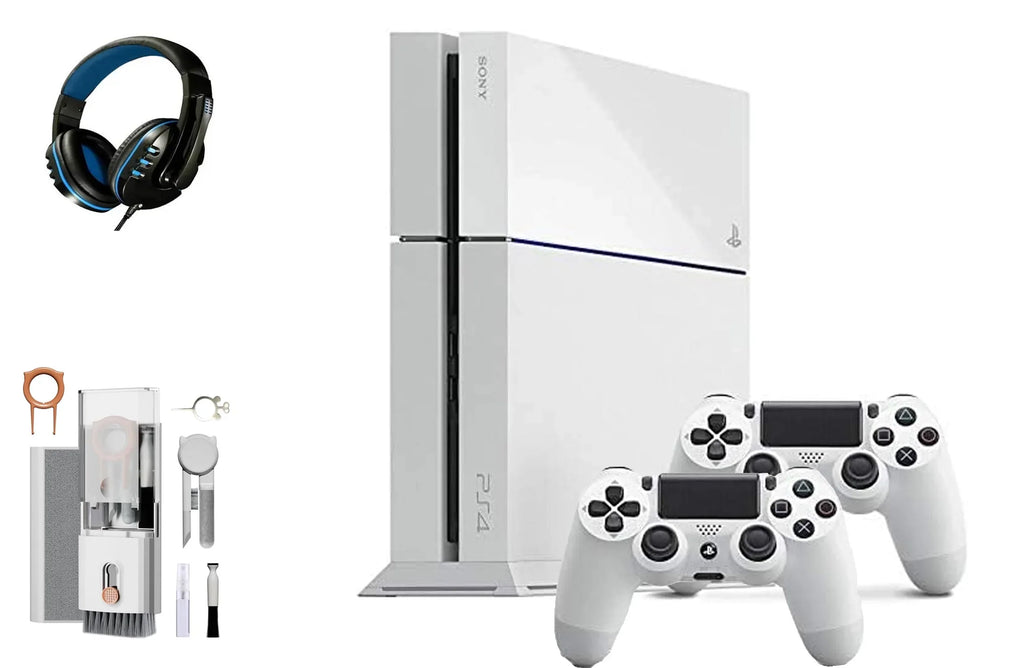 Sony Playstation 4 500Gb Gaming Console White Headset 2 Controller With Bolt Axtion Cleaning Kit Bundle Like New