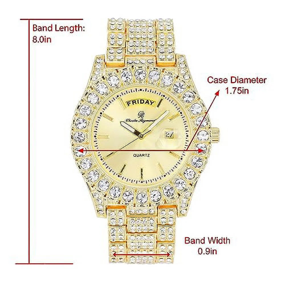 Mens Colorful Diamond w/Easy Read Big Charles Iced Blinged Fully Raymond &Day Hop Designer ST10535 and - Out Hip Out (ST10535-LN Timepiece Gold) Rocks Dials- Watch Date