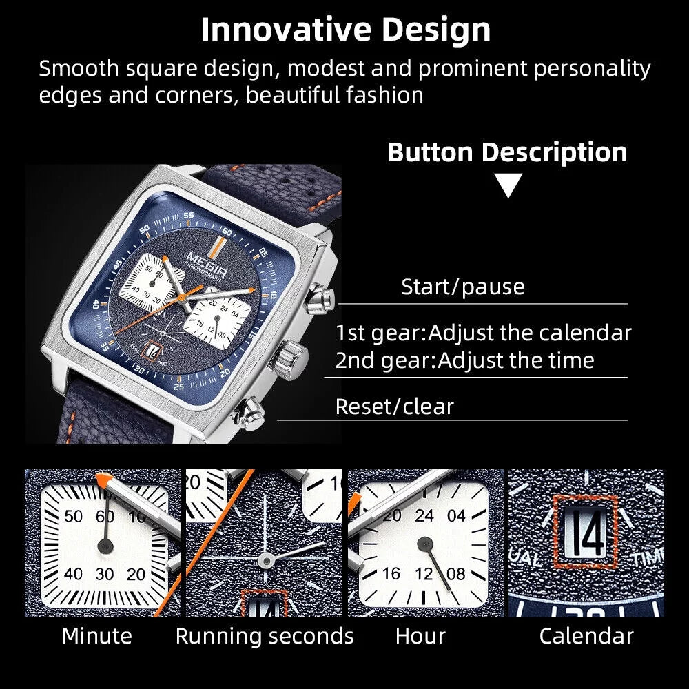 Display Watch Men's Date MEGIR Leather - Watch KingFurt Dial Square Waterproof Blue Luminous, Quartz -