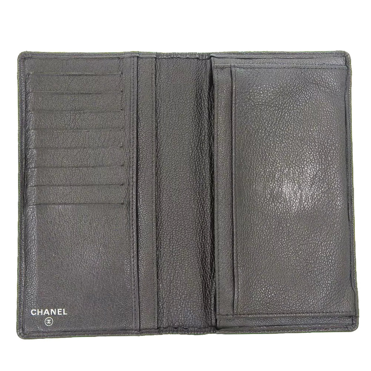 Pre-Loved Chanel Chanel Here Mark Bi-Fold Long Wallet Metallic Lambskin Gray No. 11 With Seal (Fair)