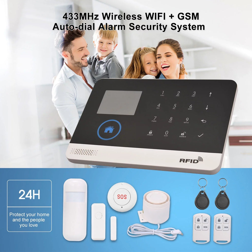 Voice Sensor 433MHz GSM Door Control Wireless Smart APP Home Burglar Motion Control Remote Home WIFI System Alarm System LCD Auto-dial Display Phone Alarm with Compatible Sensor + PIR