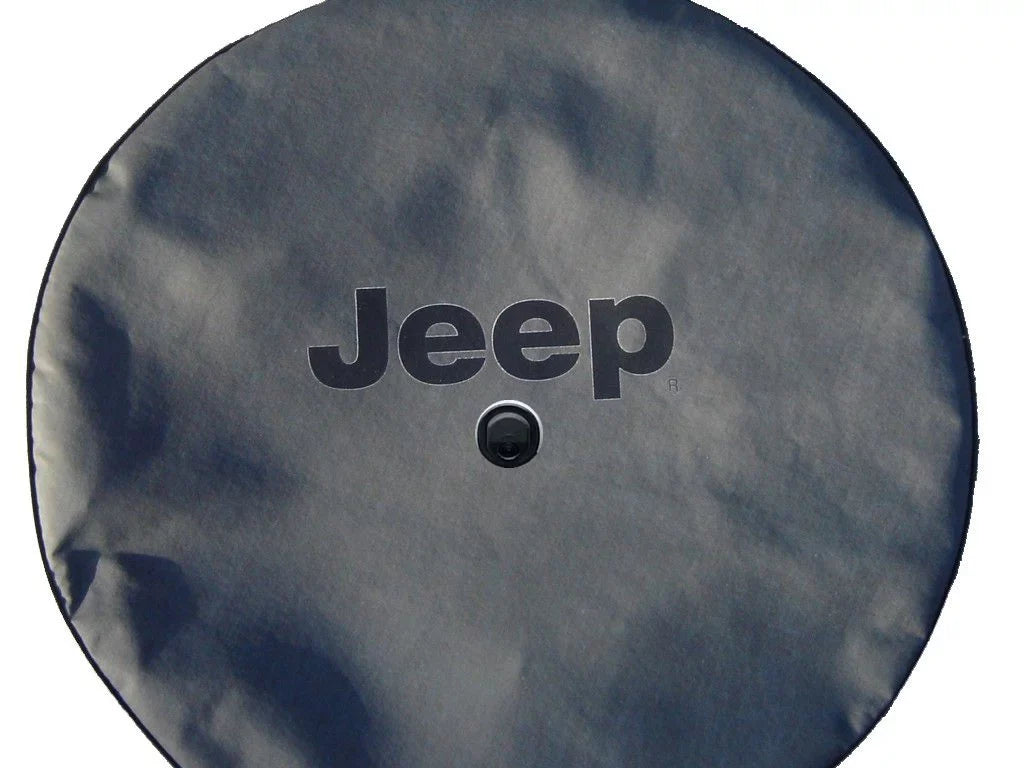 Brawny Jeep - 35-In W/Camera - Us Made Sparecover® - Brawny Series - Black-On-Black - Heavy Vinyl Denim Texture - High Endurance Spare Tire Cover