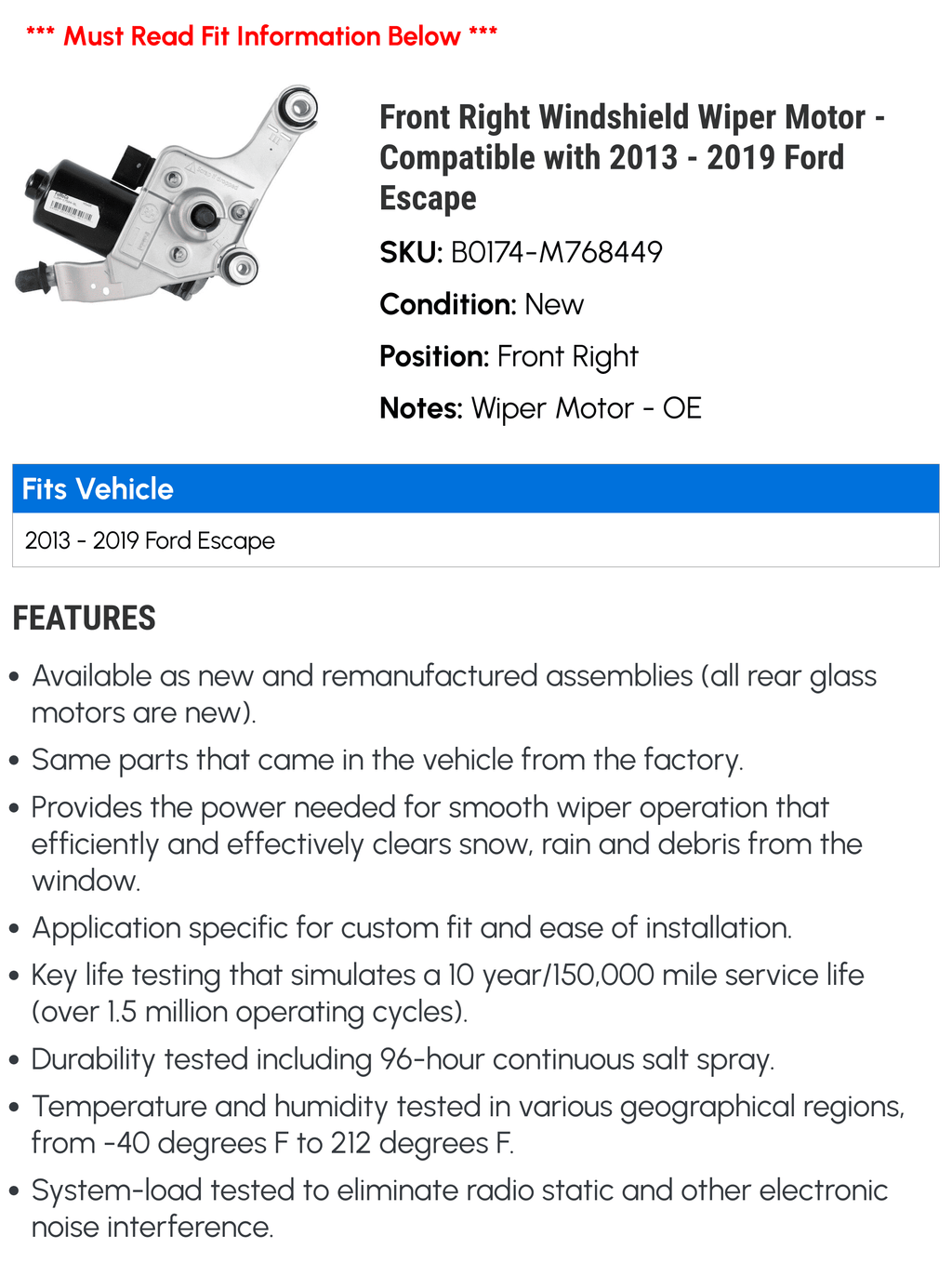 Front Right Windshield Wiper Motor - Compatible With 2013 - 2019 Ford Escape 2014 2015 2016 2017 2018