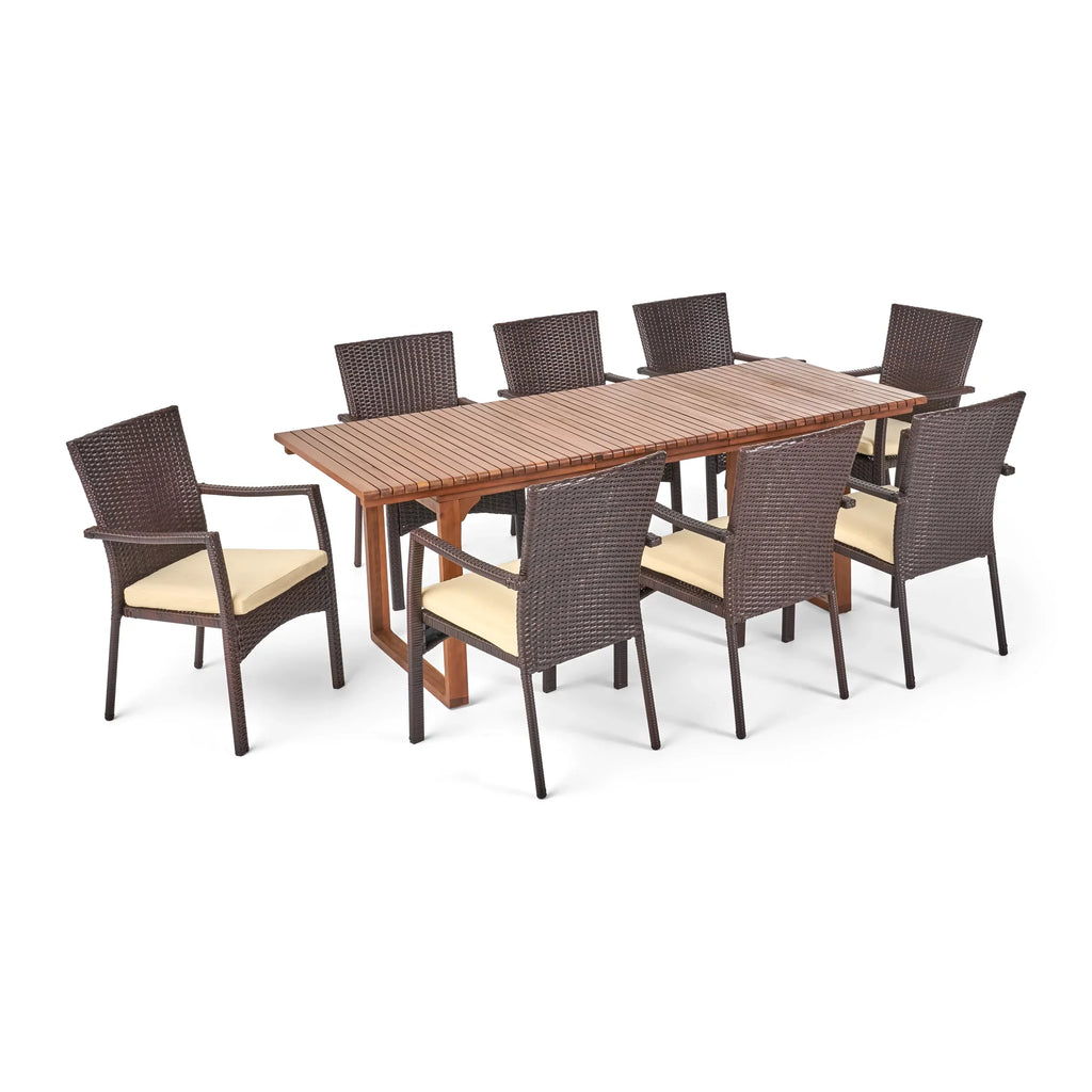 Maxwell Outdoor 8 Seater Expandable Wood And Wicker Dining Set, Brown, Cream