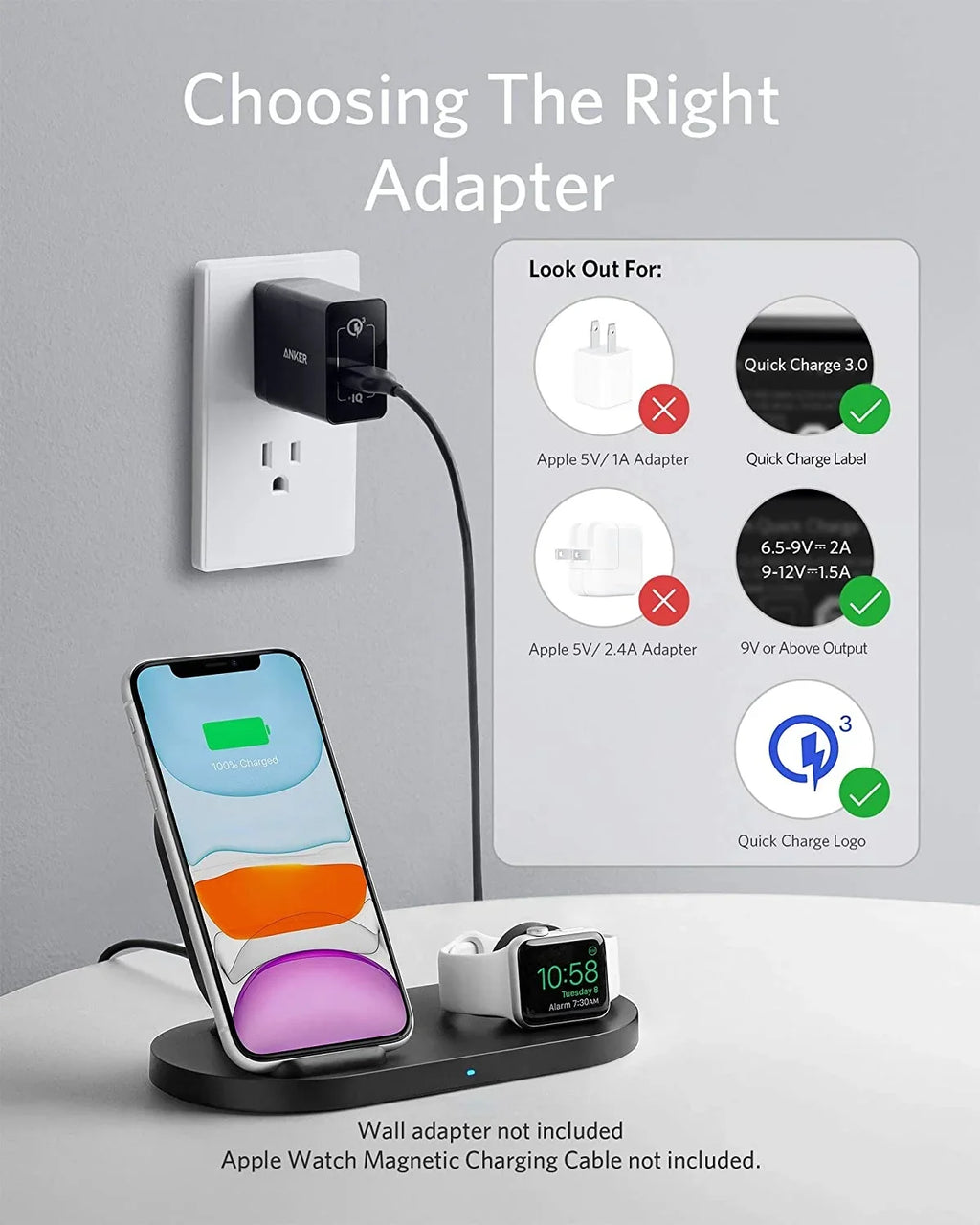 Anker Wireless Charging Station With Qc Charger, Powerwave Sense 2-In-1 Stand With Watch Charging Holder For Apple Watch Se/6/5/4/3/2/1, Iphone Se 2020, 11, 11 Pro (Watch Charging Cable Not Included)