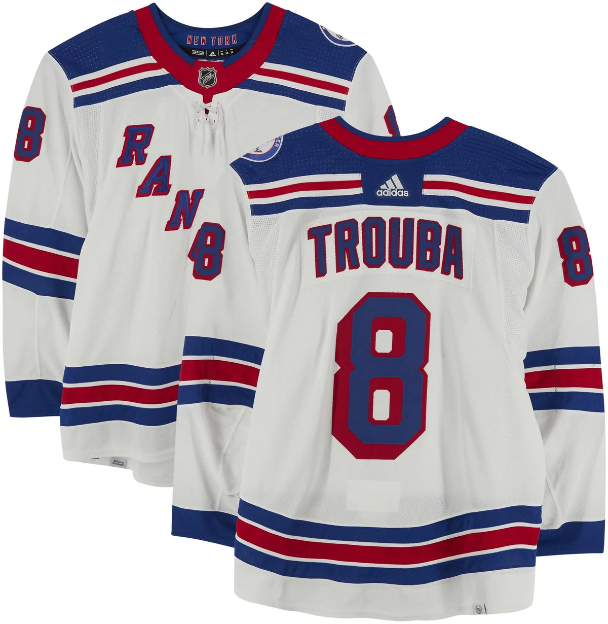 Jacob Trouba New York Rangers Game-Used #8 White Jersey Worn During The Second Round Of The 2022 Stanley Cup Playoffs Vs. Carolina Hurricanes On May 18, 20, 26 And 30, 2022 - Size 56 - Fanatics