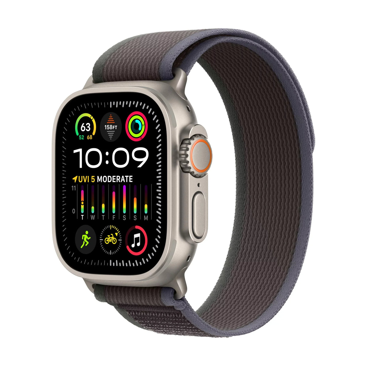 Apple Watch Ultra 2 - 49 Mm - Titanium - Smart Watch With Trail Loop - Nylon Weave - Blue/Black - Band Size: S/M - 64 Gb - Wi-Fi, Lte, Uwb, Bluetooth - 4G - 2.17 Oz