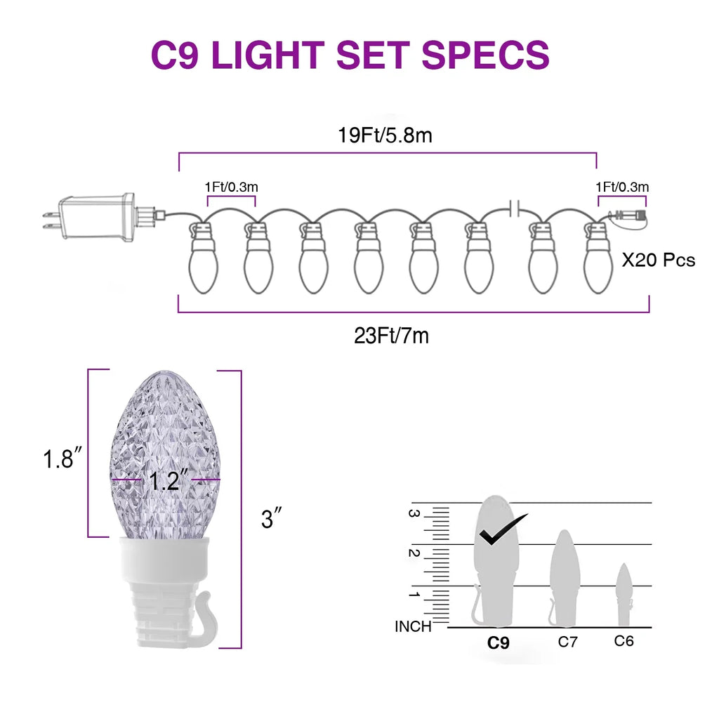 Eva'S Lamp C9 Christmas Lights Outdoor, 23Ft 20 Bulbs Color Changing Led String Lights Waterproof
