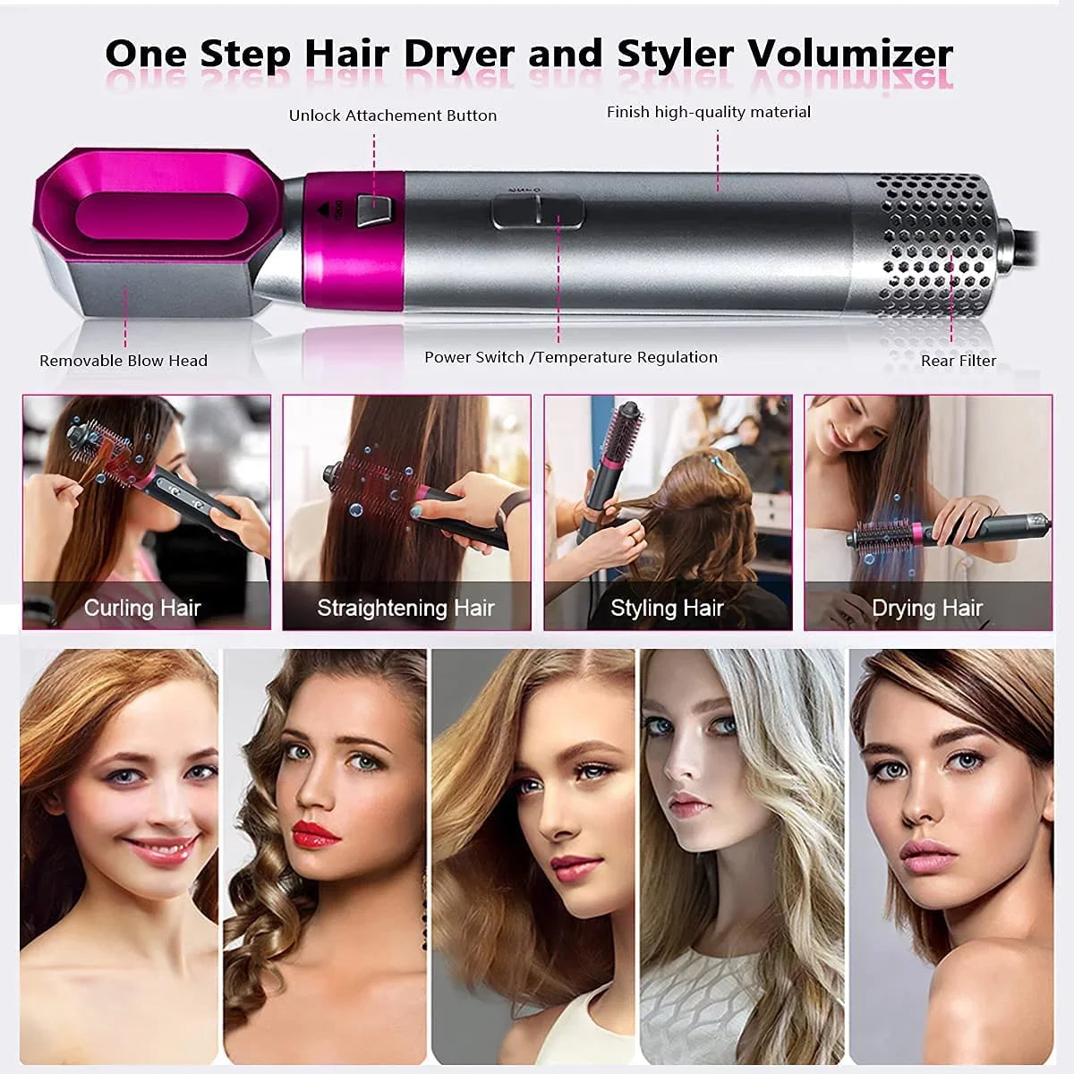 Hair Styler Hair - Ionic Color: Blow Automatic with PinkGold Heads Straightening Negative Brush Brush Curling Electric Brush for - Styling, Dryer and 5-in-1 Dryer Detachable