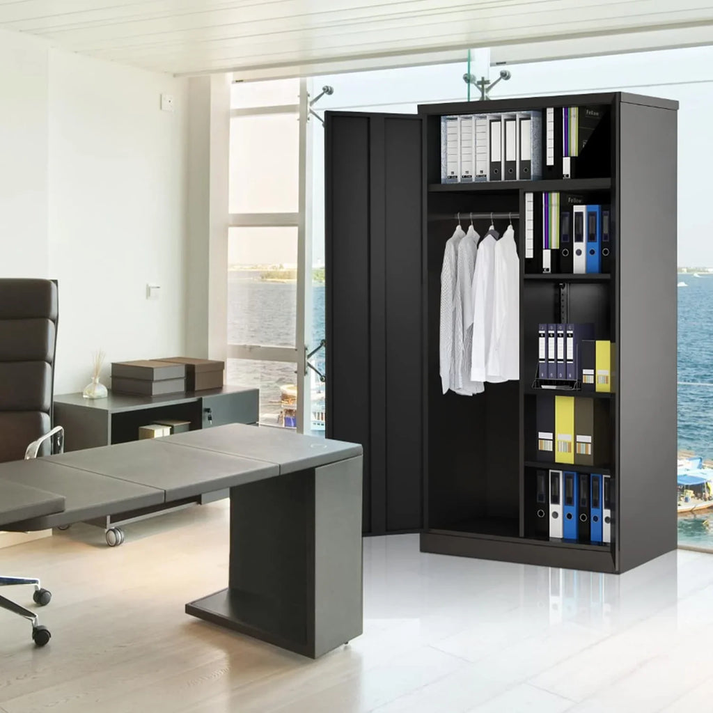 Hoomhibiu Metal Cabinets Locker With Locking Door 72'' Clothing Coat Steel Wardrobe Cabinet With Lock And Shelves For Office Home Garage Employee Freestanding (Black)