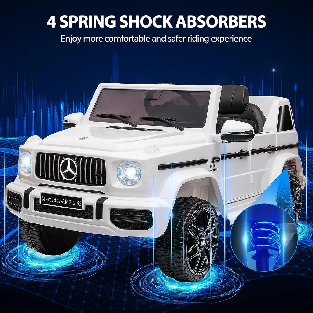 Music, Battery on White Light, G63 Powered AUX, Electric Benz Vehicle, Lock Car, Bluetooth, Ride Car LED w/Remote Kids Electric Safety Control, Suspension, Licensed 12V Spring Horn,
