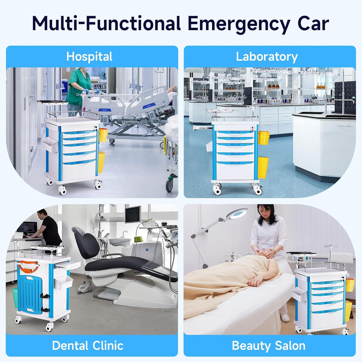 Medical Carts with Wheels, 5-Tier Drawers, Adjustable IV Pole, Silent Casters, Trash Bins, O2 Holder, Needle Disposal Holder & CPR Board, Rolling Crash Carts for Hospital Clinic