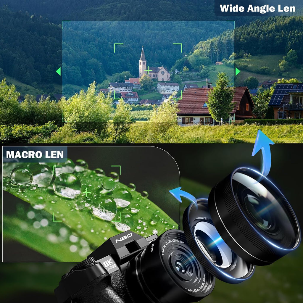 8K Digital Camera 64MP with WiFi & 180Â° Flip Screen, F1.8 Lens 16X Zoom Vlogging Camera for YouTube, Dual Battery 200Mins Recording, External Mic, 64GB TF Card for Beginners Travel (Black)