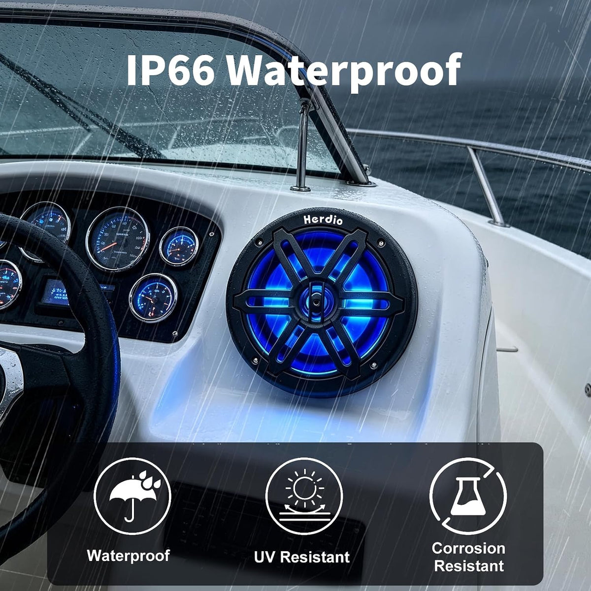 Herdio 6.5 Inch 350W Bluetooth Marine Speakers with Blue LED Light - 2 Way Waterproof Coaxial Speakers for Boats, ATVs, UTVs (A Pair, Black)
