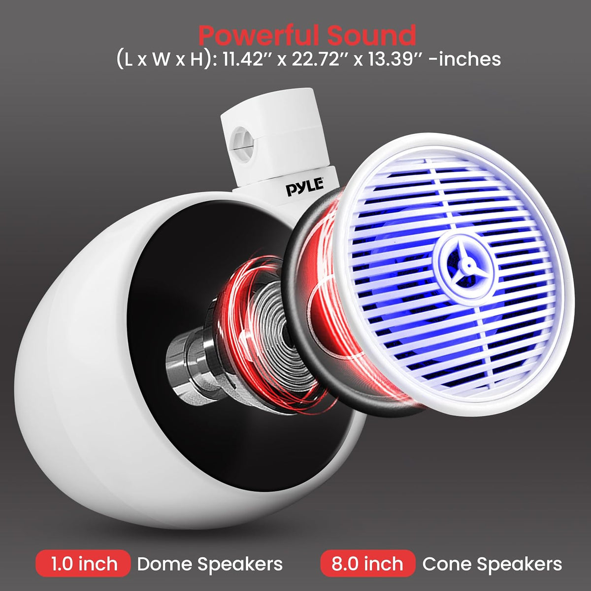 Pyle Dual Bluetooth Off-Road Speakers - 8â 300W 2-Way Marine Waterproof Wakeboard Tower Sound System w/LED Light, Full Range Outdoor Stereo Speaker for Car ATV Jeep Boat, Includes Brackets (White)