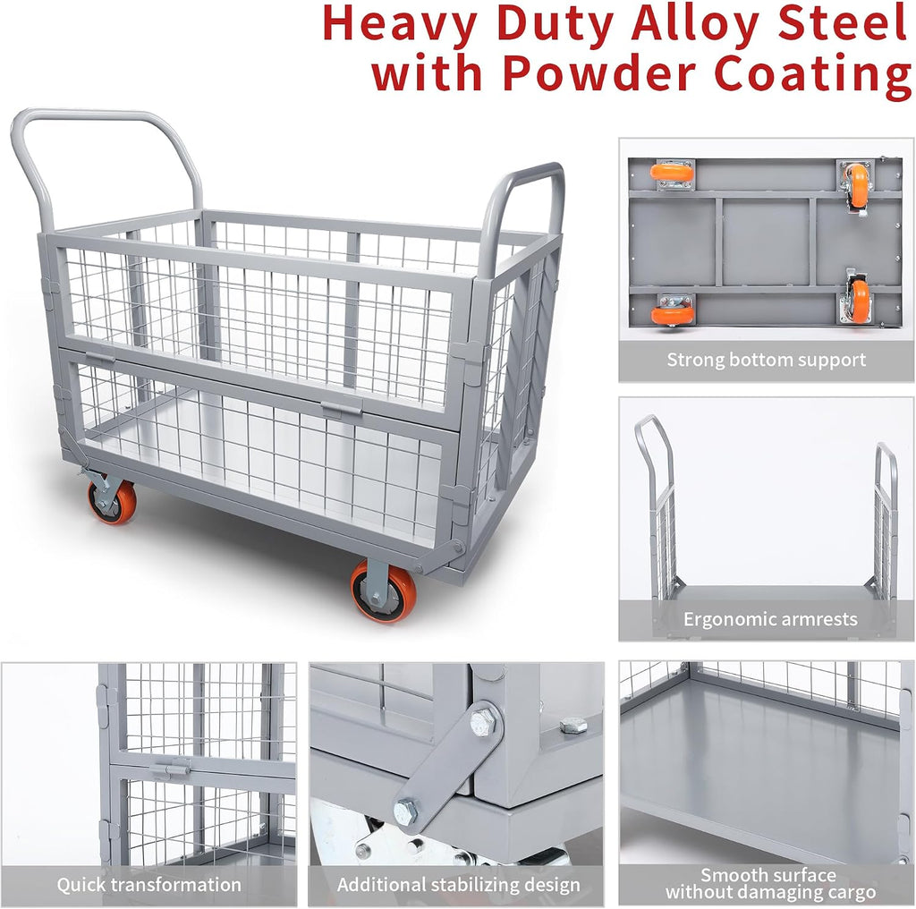 YITAMOTOR 2000lbs Platform Truck Cart w/Cage, 6-in-1 Foldable Flatbed Cart