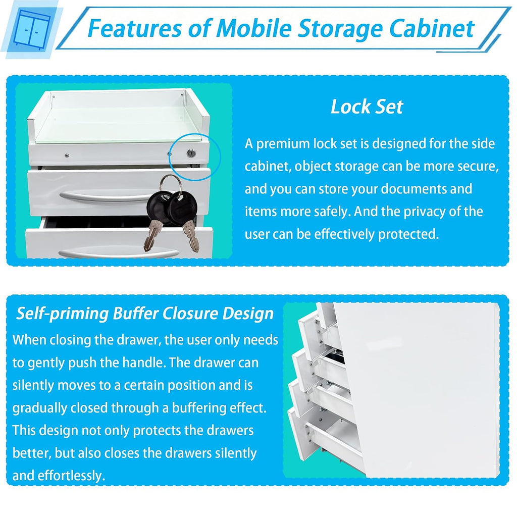 5-Drawer Mobile Storage Cabinet Stainless Steel Medical Storage Cart White Utility Trolley Cart with Glass Countertop, Lock, 2 Trays, Silent Gliding Rails for Home Clinic Hospital Office