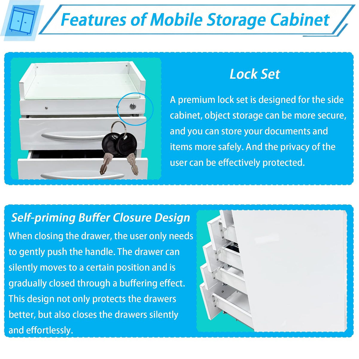 5-Drawer Mobile Storage Cabinet Stainless Steel Medical Storage Cart White Utility Trolley Cart with Glass Countertop, Lock, 2 Trays, Silent Gliding Rails for Home Clinic Hospital Office