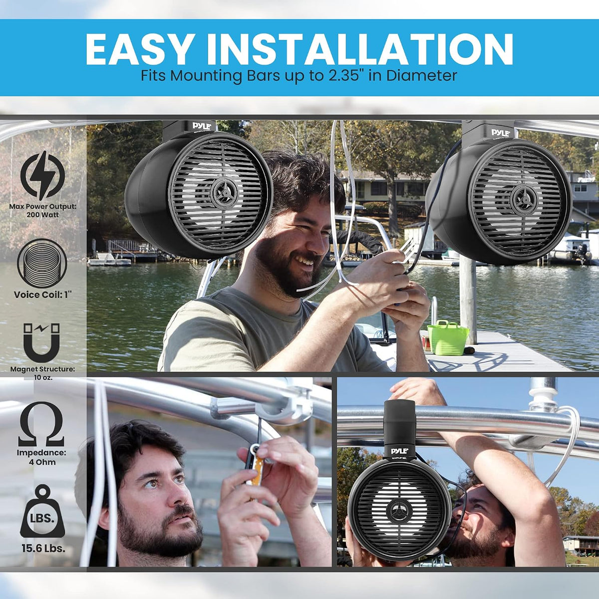 Pyle 6.5" Marine Wakeboard Bluetooth Speaker, Water Resistant 2-Way Mini Box Speaker System with LED Lights, Full Range Sound, ABS Construction for Boat or Off-Road Use, 9.45âx8.39âx12.48â Inch